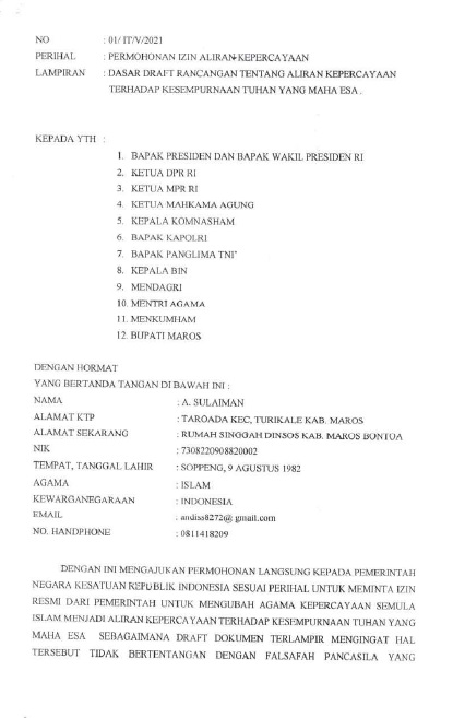 Geger, Pendiri Agama Baru “Iman Tilaco” Minta Ijin Presiden 2 Surat aliran sesatt