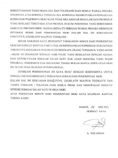 Geger, Pendiri Agama Baru “Iman Tilaco” Minta Ijin Presiden 3 surat Aliran sesattt