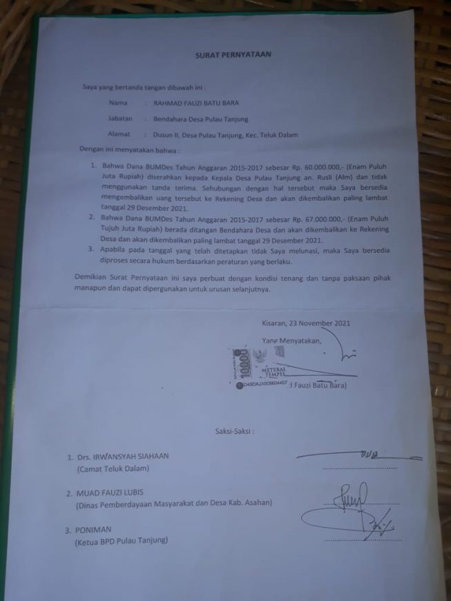 Dana BUMDES Pulau Tanjung “Dicaplok” Bendahara Desa, Pengawasan Pemdes Asahan Dipertanyakan 2 1 11