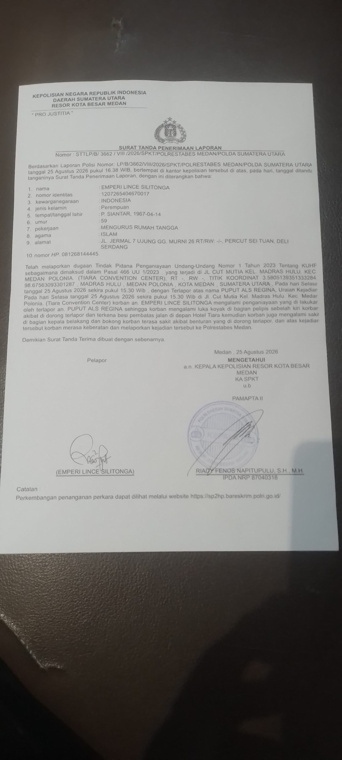 Diduga Alami Penganiayaan di Depan Tiara Convention Center, Emperi Lince Silitonga Melapor ke Polrestabes Medan 3 IMG 20260825 WA0042 scaled