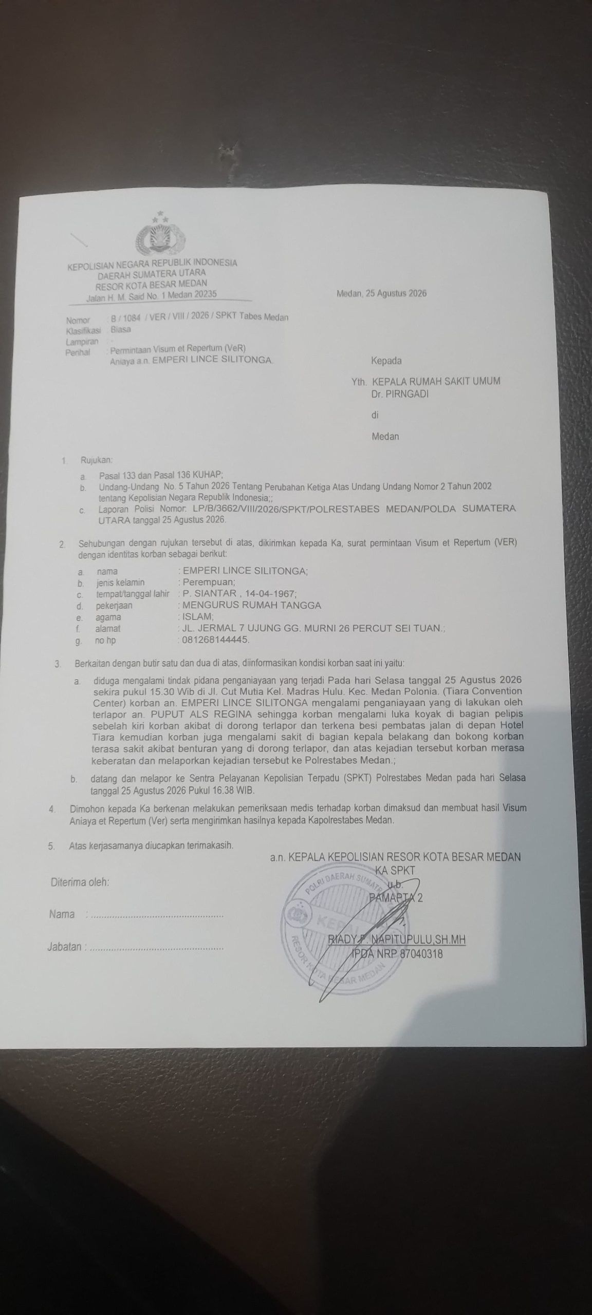 Diduga Alami Penganiayaan di Depan Tiara Convention Center, Emperi Lince Silitonga Melapor ke Polrestabes Medan 2 IMG 20260825 WA0044 scaled